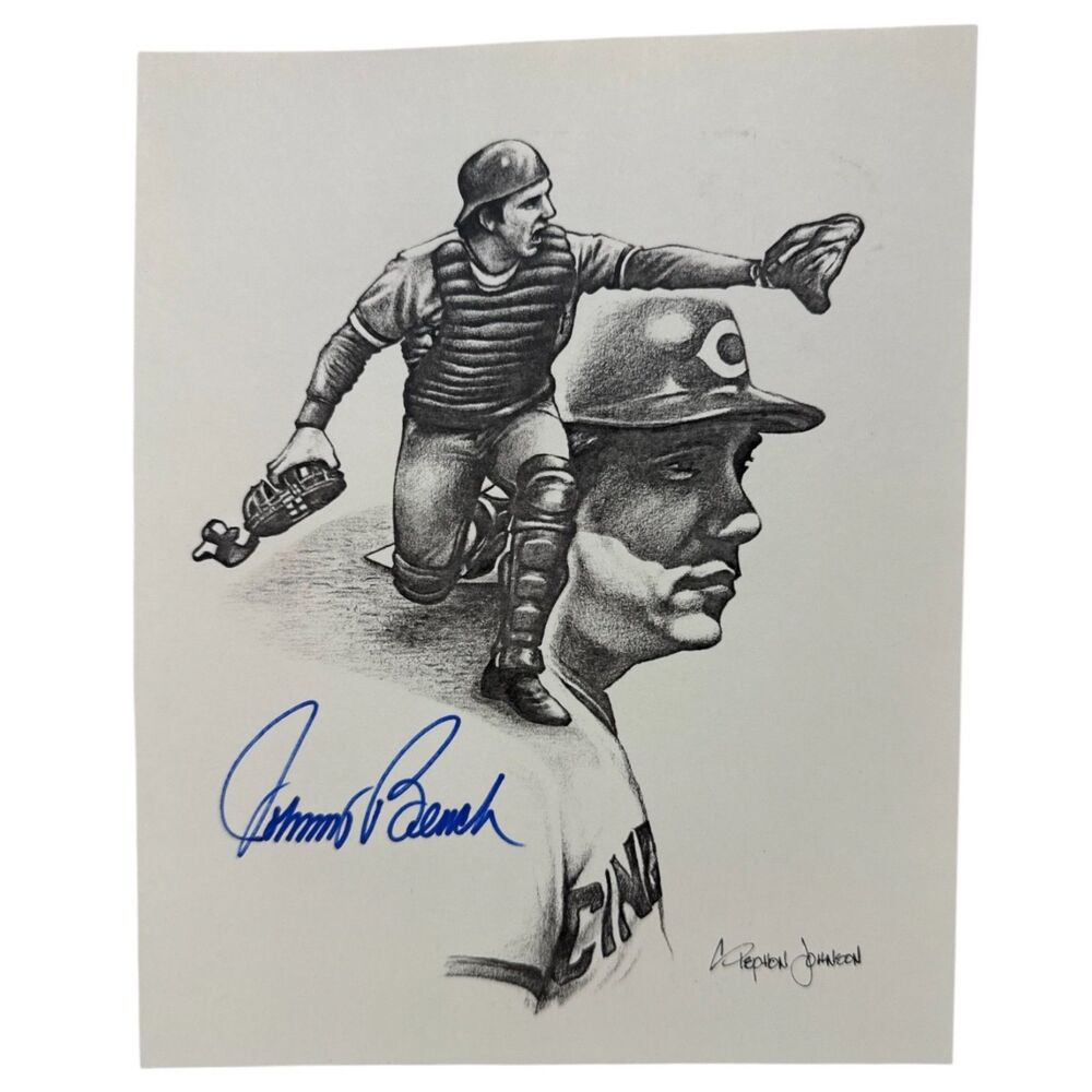 Johnny Bench autographed Pencil Sketch Illustration artist S Johnson HOF Catcher